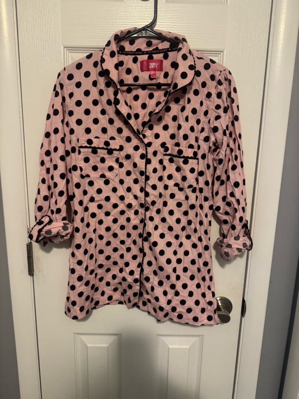 Victoria's Secret Button-Up Pink & Black Polka Dot Pajamas